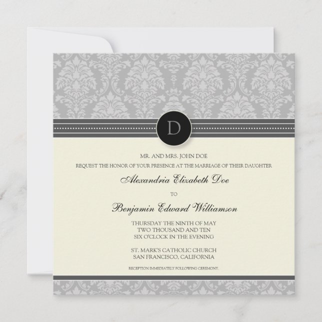 Charming Damask Square Wedding Invitation: silver Invitation (Front)