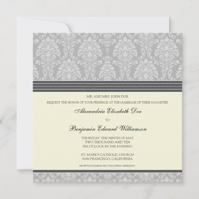 Charming Damask Square Wedding Invitation: silver Invitation (Front)