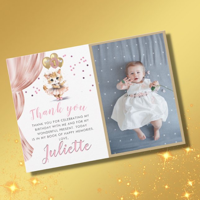 Charming Dancing Cat Photo First Birthday Girl Thank You Card (Creator Uploaded)