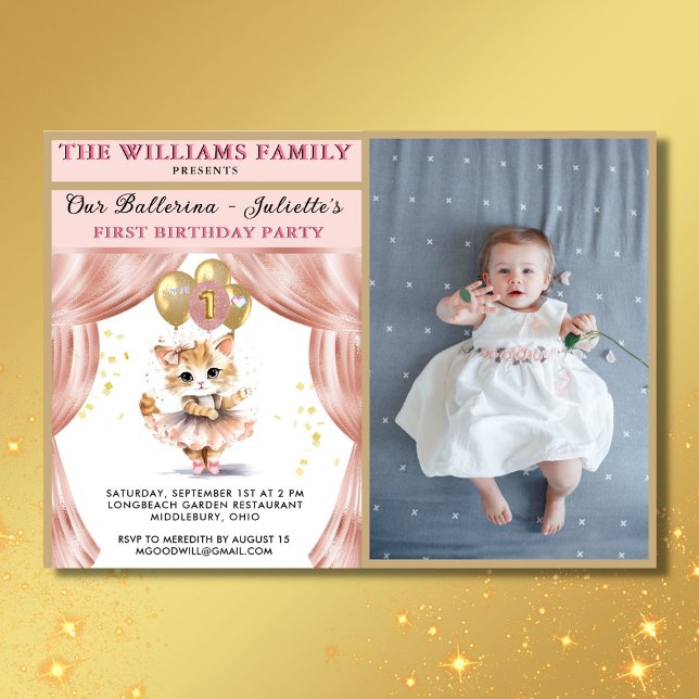 Charming Dancing Kitten Photo First Birthday Girl Invitation (Creator Uploaded)