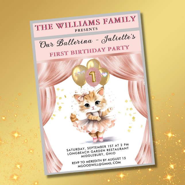 Charming Dancing Kitten Photo First Birthday Girl Invitation (Creator Uploaded)
