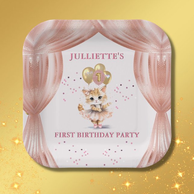 Charming Dancing Kitten Photo First Birthday Girl  Paper Plate (Creator Uploaded)