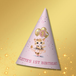 Charming Dancing Kitten Photo First Birthday Girl  Party Hat
