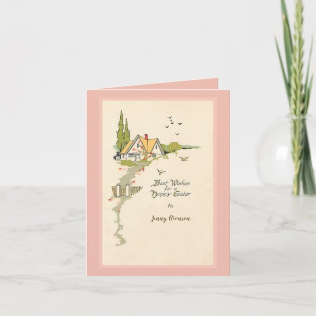 Charming deco  birds cottage Easter card (Front)
