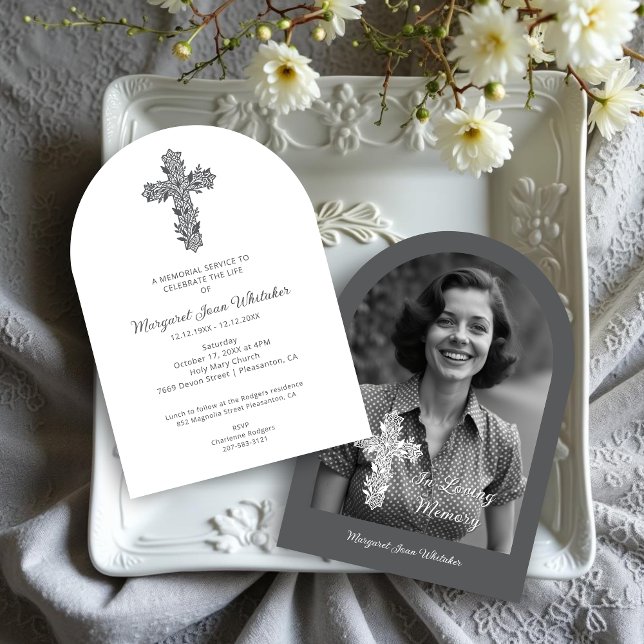 Charming Delicate Floral Christian Cross Funeral  Invitation (Charming Delicate Floral Christian Cross Funeral Invitations Cards in Grey Shades with Back Photo.)