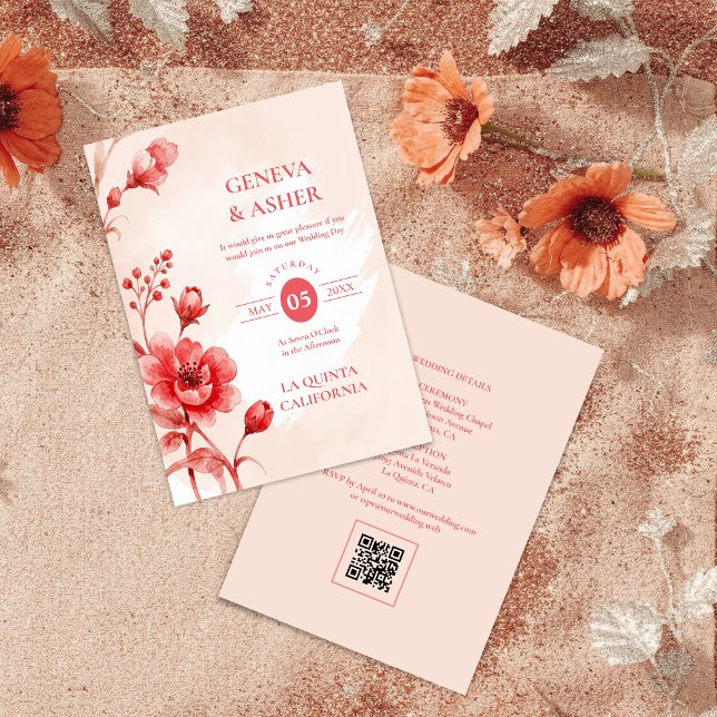 Charming Delicate Flowers Juicy Red Pink Wedding Invitation (Charming Delicate Flowers Juicy Red & Pinky Pink Editorial Wedding Invitation with Back QR Code. )