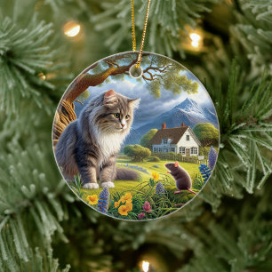 Charming Domestic Longhair Cat Keepsake Ceramic Tree Decoration