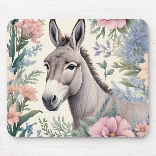 Charming Donkey Pastel Flowers Farm Animal Mouse Pad (Front)