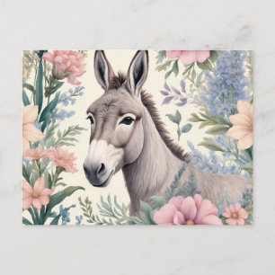 Charming Donkey Pastel Flowers Farm Animal Postcard
