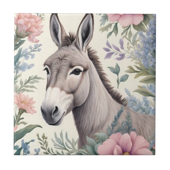 Charming Donkey Pastel Flowers Farm Animal Tile (Front)