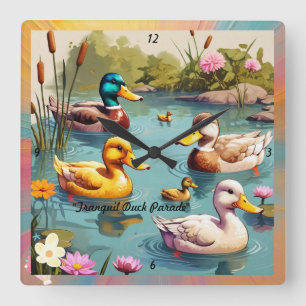 "Charming Ducks on Pond" Square Wall Clock