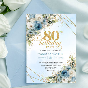 Charming Dusty Blue Floral Gold 80th Birthday Card