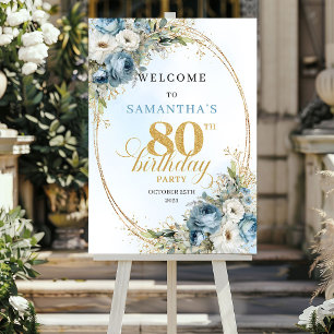 Charming dusty blue florals gold frame 80 birthday poster
