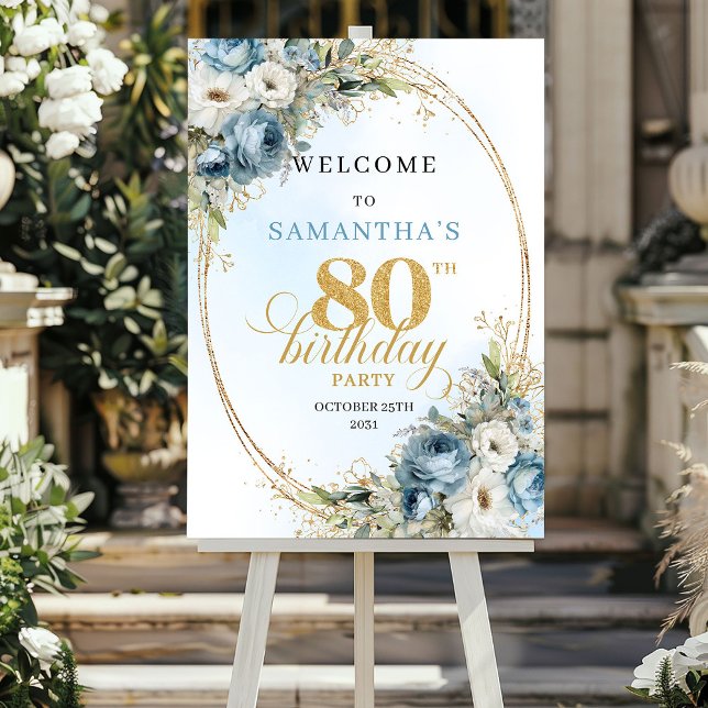 Charming dusty blue florals gold frame 80 birthday poster (Charming dusty blue florals gold frame 80th birthday

)