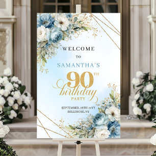 Charming dusty blue florals gold frame 90 birthday poster