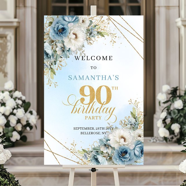Charming dusty blue florals gold frame 90 birthday poster (Charming dusty blue florals gold frame 90th birthday)