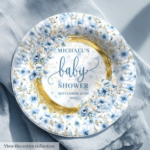 Charming dusty blue flowers gold boy baby shower  paper plate