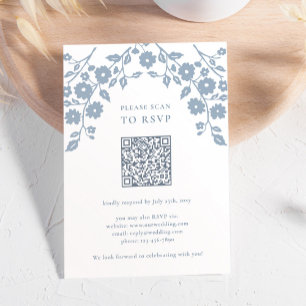 Charming Dusty Blue Folk Flowers Floral QR Code RSVP Card