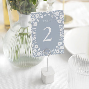 Charming Dusty Blue Romantic White Floral Flowers Table Number