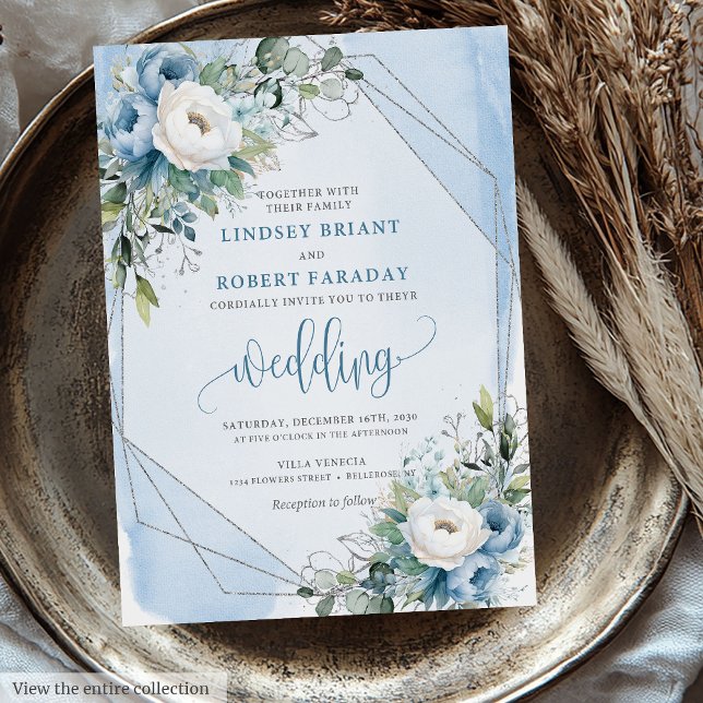 Charming Dusty Blue White Silver Flowers Wedding  Invitation (Charming Dusty Blue White Silver Flowers Wedding Invitation)