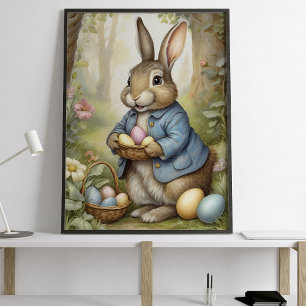Charming Easter Bunny in Blue Coat Woodland  Poster