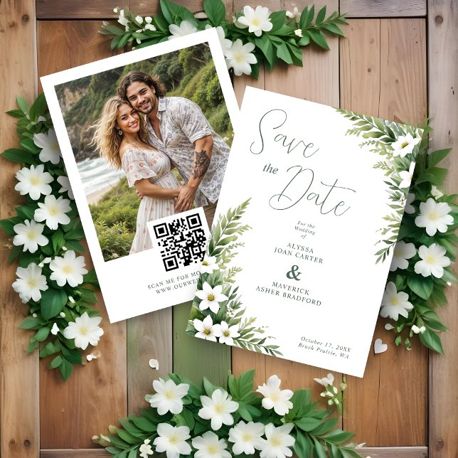 Charming Exuberant Green Foliage Garland Wedding Save The Date (Charming Exuberant Green Foliage Leaves Garland Wedding Save the Dates Cards with Photo and QR Code.)