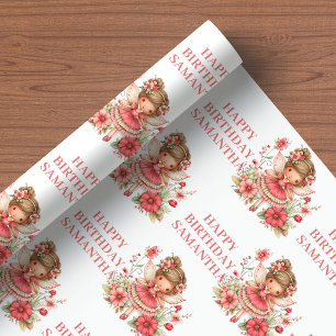 Charming Fairy Girl Blush Floral Birthday Wrapping Paper