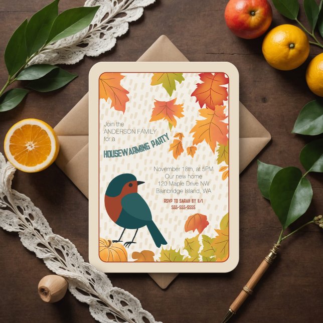 Charming Fall Housewarming Leaves Minimalist Bird Invitation (Charming fall housewarming invite with a robin, swirling leaves, and vibrant autumn colors.)