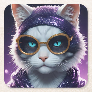 Charming festive new years Cat in Disguise Square Paper Coaster