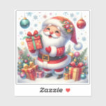 Charming Festive Red Christmas Sticker With Santa<br><div class="desc">A cheerful Santa Claus stands amidst a colourful holiday backdrop,  holding a beautifully wrapped gift.</div>