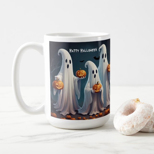 Charming Floating Ghosts with Pumpkins Spooky  Coffee Mug (With Donut)