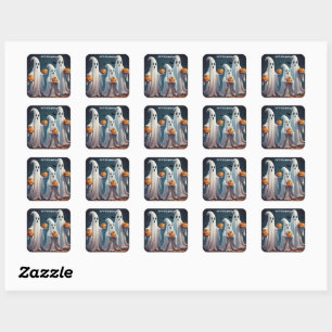 Charming Floating Ghosts with Pumpkins Spooky Square Sticker