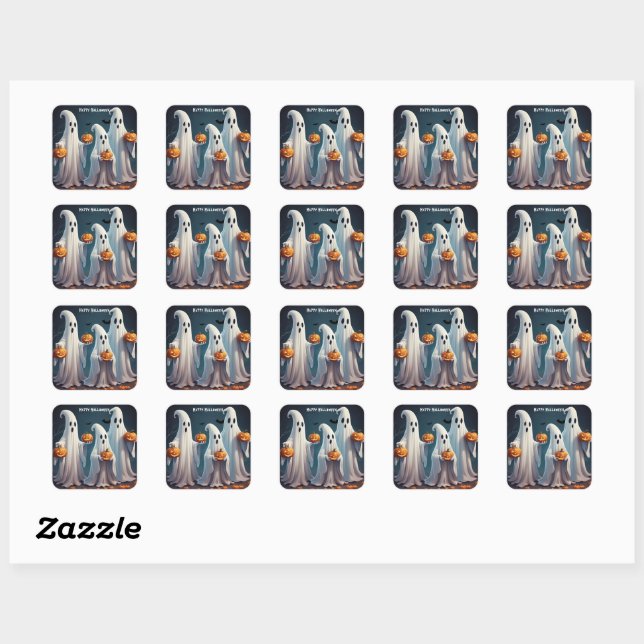Charming Floating Ghosts with Pumpkins Spooky  Square Sticker (Sheet)