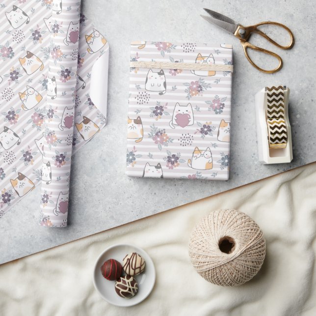 Charming Floral Cat Wrapping Paper (Crafts)
