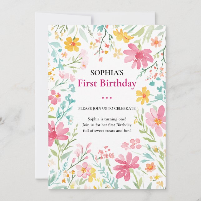 Charming Floral First Birthday Invitation (Back)
