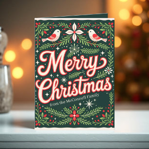 Charming Folk Art Birds and Holly Berry Christmas Holiday Card