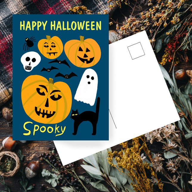 Charming Funny Pumpkins Ghost Bat HAPPY HALLOWEEN Postcard (Charming Funny Pumpkins Ghost Bat HAPPY HALLOWEEN Cute Hand-drawn Postcard
)