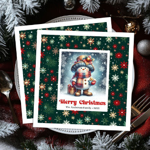 Charming funny snowman with snowflakes kids napkin