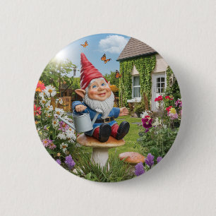Charming Garden Gnome with Watering Can 6 Cm Round Badge