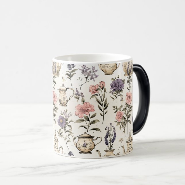 Charming Garden Teapots: Floral Seamless Design Magic Mug (Front Right)