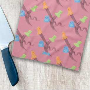 Charming ghosts, customisable, on pink tea towel