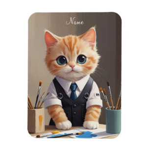 Charming Ginger Cat Artist with Paintbrushes Cute  Magnet