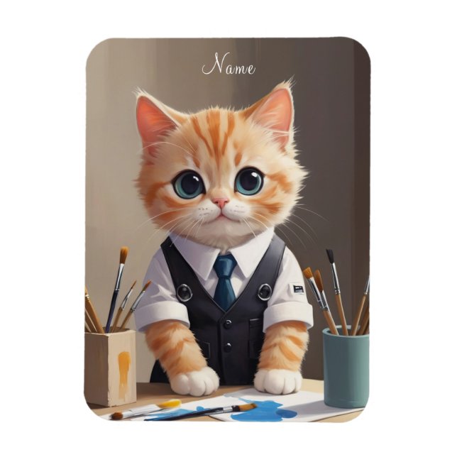 Charming Ginger Cat Artist with Paintbrushes Cute  Magnet (Vertical)