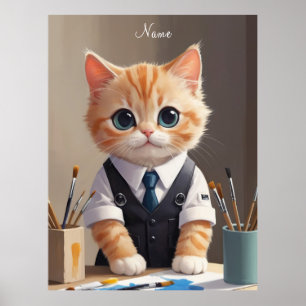 Charming Ginger Cat Artist with Paintbrushes Cute  Poster