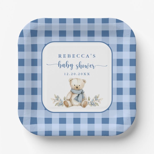 Charming Gingham Plaid Teddy Bear Baby Shower Paper Plate (Front)