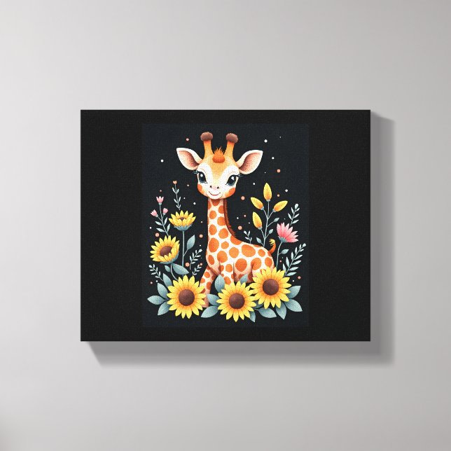 Charming Giraffe Surrounded By Flowers Long Sleeve Canvas Print (Front)