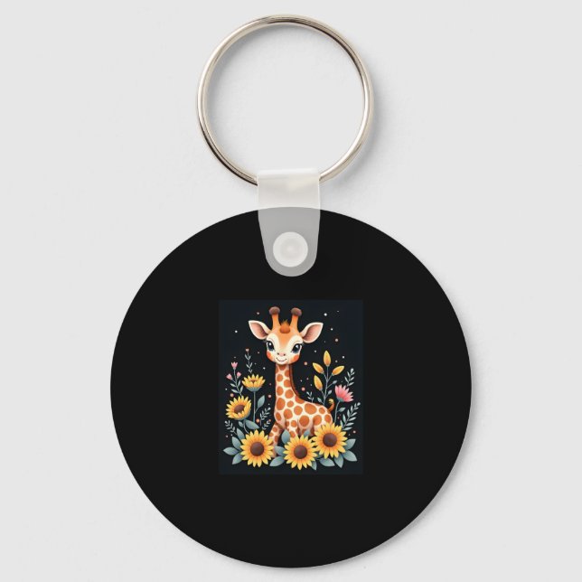 Charming Giraffe Surrounded By Flowers Long Sleeve Key Ring (Front)