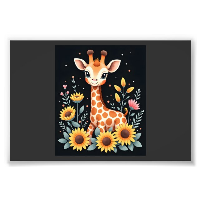Charming Giraffe Surrounded By Flowers Long Sleeve Photo Print (Front)