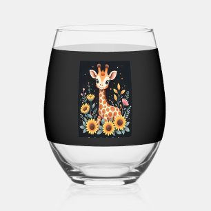 Charming Giraffe Surrounded By Flowers Long Sleeve Stemless Wine Glass