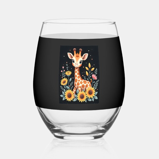 Charming Giraffe Surrounded By Flowers Long Sleeve Stemless Wine Glass (Front)